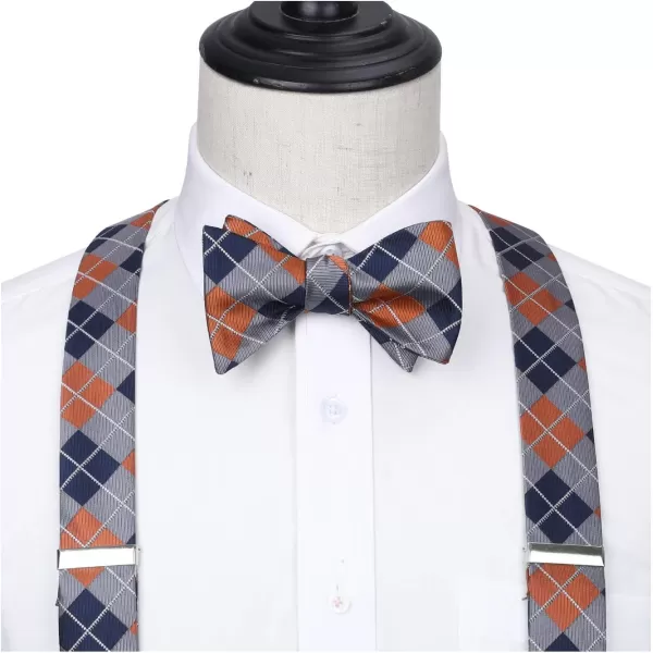 HISDERN Bow tie and Suspenders for Men Plaid Suspender Self Bowtie Pocket Square Adjustable Y Shape Mens Trouser Braces