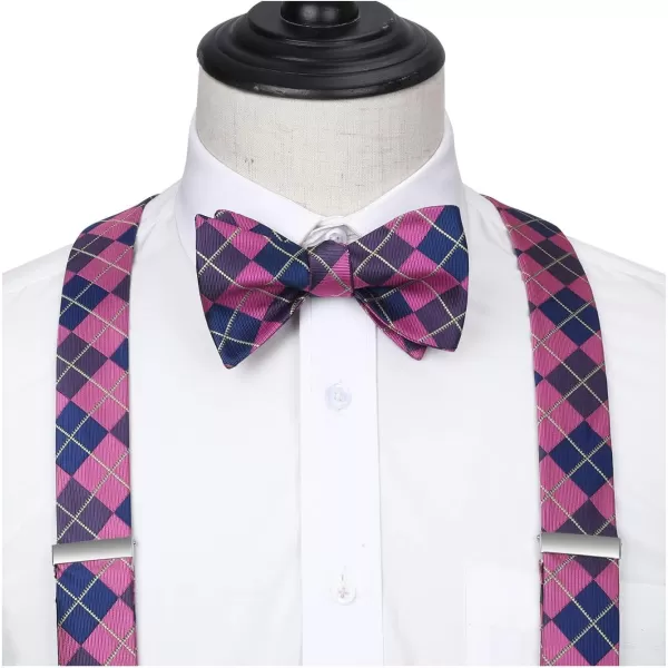 HISDERN Bow tie and Suspenders for Men Plaid Suspender Self Bowtie Pocket Square Adjustable Y Shape Mens Trouser Braces
