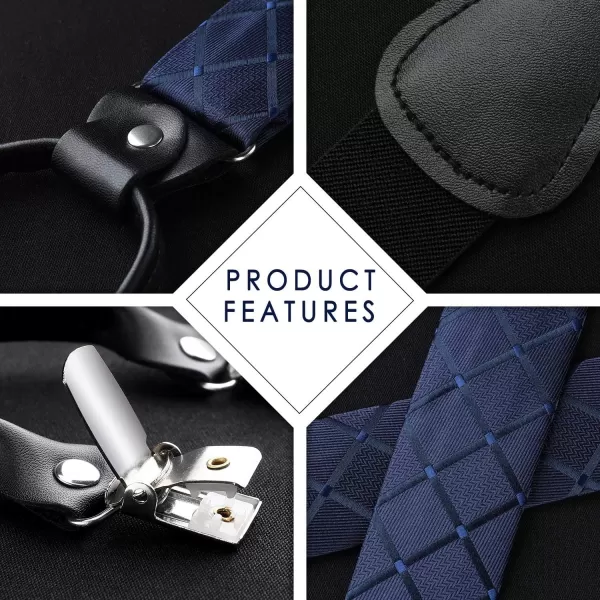 HISDERN Bow tie and Suspenders for Men Plaid Suspender Self Bowtie Pocket Square Adjustable Y Shape Mens Trouser Braces