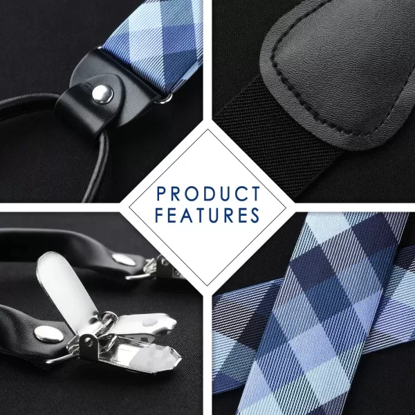 HISDERN Bow tie and Suspenders for Men Plaid Suspender Self Bowtie Pocket Square Adjustable Y Shape Mens Trouser Braces