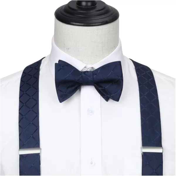 HISDERN Bow tie and Suspenders for Men Plaid Suspender Self Bowtie Pocket Square Adjustable Y Shape Mens Trouser Braces