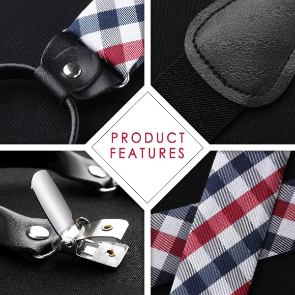HISDERN Bow tie and Suspenders for Men Plaid Suspender Self Bowtie Pocket Square Adjustable Y Shape Mens Trouser Braces