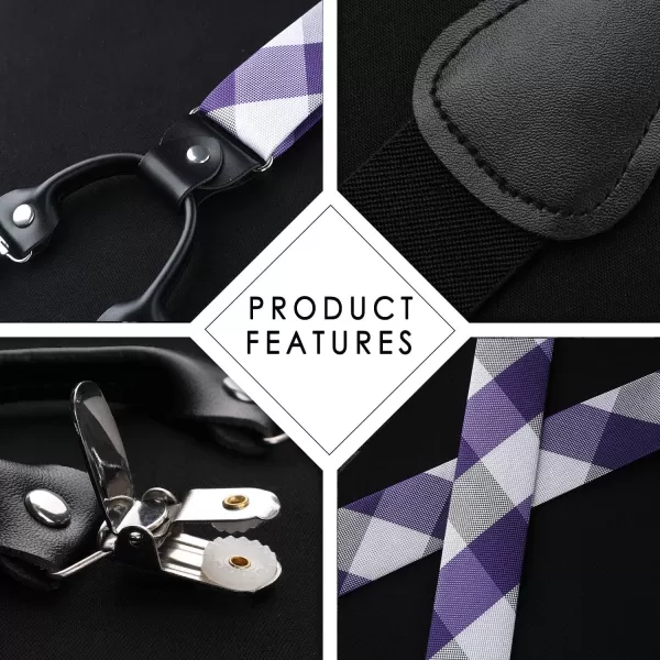 HISDERN Bow tie and Suspenders for Men Plaid Suspender Self Bowtie Pocket Square Adjustable Y Shape Mens Trouser Braces