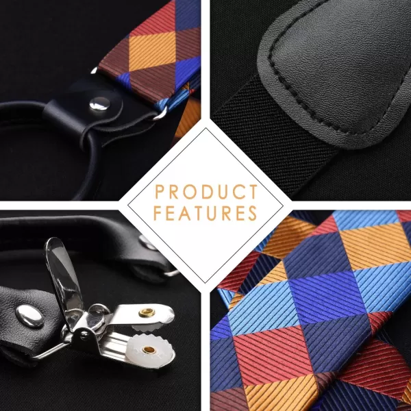 HISDERN Bow tie and Suspenders for Men Plaid Suspender Self Bowtie Pocket Square Adjustable Y Shape Mens Trouser Braces