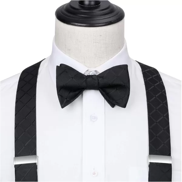 HISDERN Bow tie and Suspenders for Men Plaid Suspender Self Bowtie Pocket Square Adjustable Y Shape Mens Trouser Braces