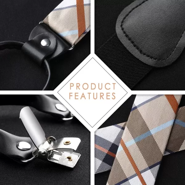 HISDERN Bow tie and Suspenders for Men Plaid Suspender Self Bowtie Pocket Square Adjustable Y Shape Mens Trouser Braces