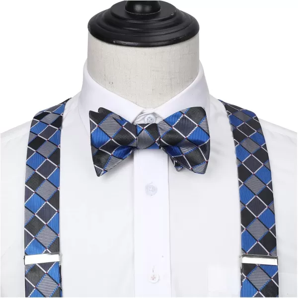 HISDERN Bow tie and Suspenders for Men Plaid Suspender Self Bowtie Pocket Square Adjustable Y Shape Mens Trouser Braces