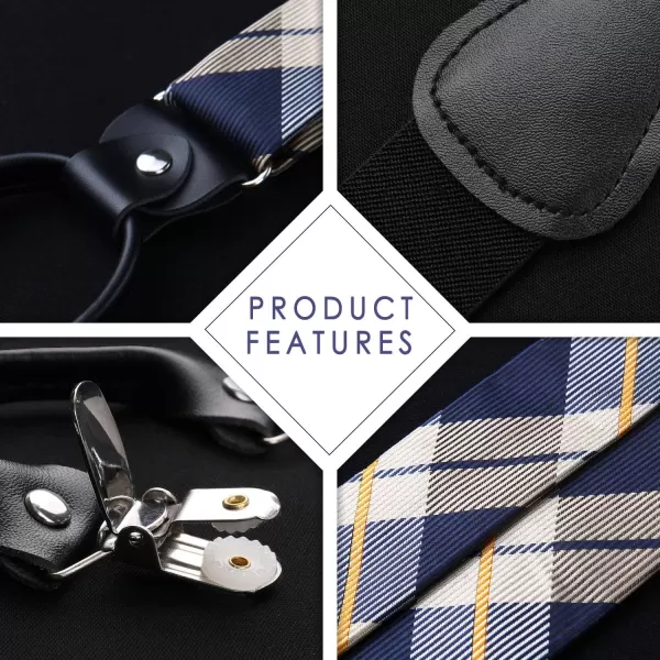 HISDERN Bow tie and Suspenders for Men Plaid Suspender Self Bowtie Pocket Square Adjustable Y Shape Mens Trouser Braces