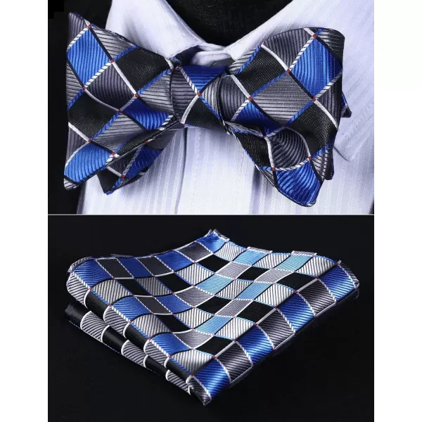 HISDERN Bow tie and Suspenders for Men Plaid Suspender Self Bowtie Pocket Square Adjustable Y Shape Mens Trouser Braces