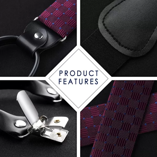 HISDERN Bow tie and Suspenders for Men Plaid Suspender Self Bowtie Pocket Square Adjustable Y Shape Mens Trouser Braces