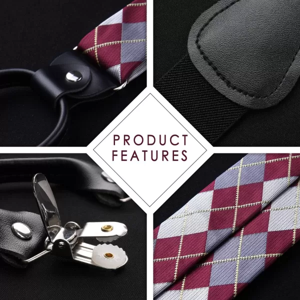 HISDERN Bow tie and Suspenders for Men Plaid Suspender Self Bowtie Pocket Square Adjustable Y Shape Mens Trouser Braces