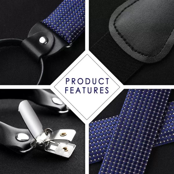 HISDERN Bow tie and Suspenders for Men Plaid Suspender Self Bowtie Pocket Square Adjustable Y Shape Mens Trouser Braces