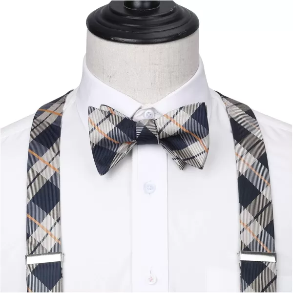 HISDERN Bow tie and Suspenders for Men Plaid Suspender Self Bowtie Pocket Square Adjustable Y Shape Mens Trouser Braces