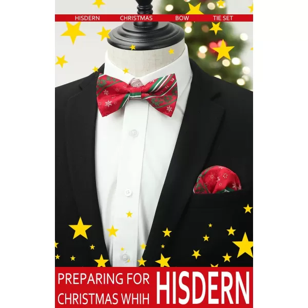 HISDERN Christmas Bow Tie and Pocket Square Set Pre Tied Bowties for Men Xmas Festival Woven Bowtie with Handkerchief