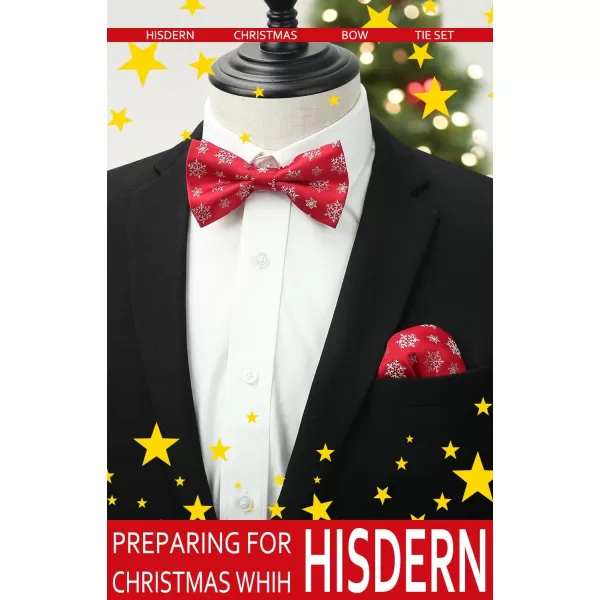 HISDERN Christmas Bow Tie and Pocket Square Set Pre Tied Bowties for Men Xmas Festival Woven Bowtie with Handkerchief