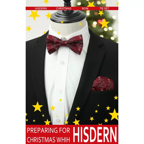 HISDERN Christmas Bow Tie and Pocket Square Set Pre Tied Bowties for Men Xmas Festival Woven Bowtie with Handkerchief