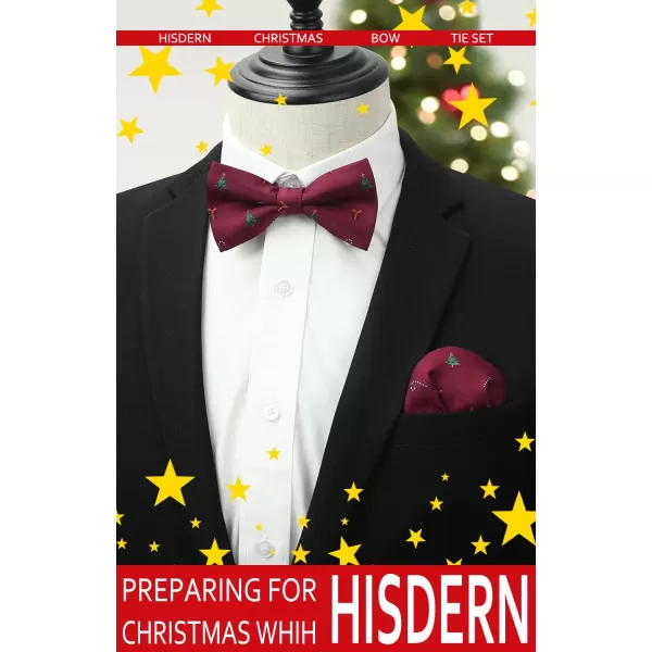 HISDERN Christmas Bow Tie and Pocket Square Set Pre Tied Bowties for Men Xmas Festival Woven Bowtie with Handkerchief