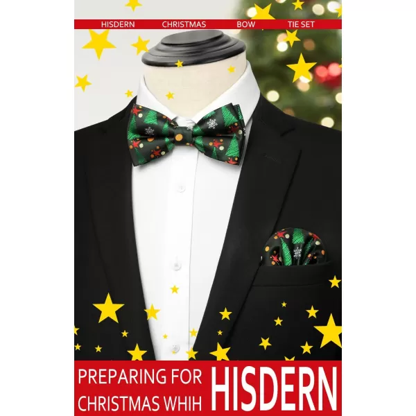 HISDERN Christmas Bow Tie and Pocket Square Set Pre Tied Bowties for Men Xmas Festival Woven Bowtie with Handkerchief