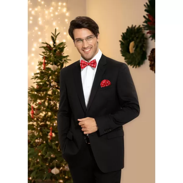 HISDERN Christmas Bow Tie and Pocket Square Set Pre Tied Bowties for Men Xmas Festival Woven Bowtie with Handkerchief
