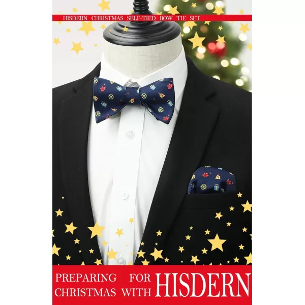 HISDERN Christmas Bow Ties for Men Xmas Self-tied Bowties and Pocket Square Set Festival Woven Bowtie Handkerchief