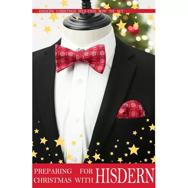 HISDERN Christmas Bow Ties for Men Xmas Self-tied Bowties and Pocket Square Set Festival Woven Bowtie Handkerchief