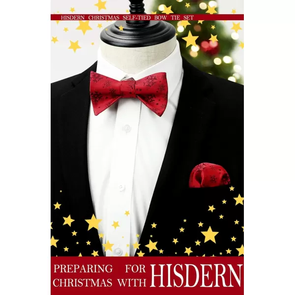 HISDERN Christmas Bow Ties for Men Xmas Self-tied Bowties and Pocket Square Set Festival Woven Bowtie Handkerchief
