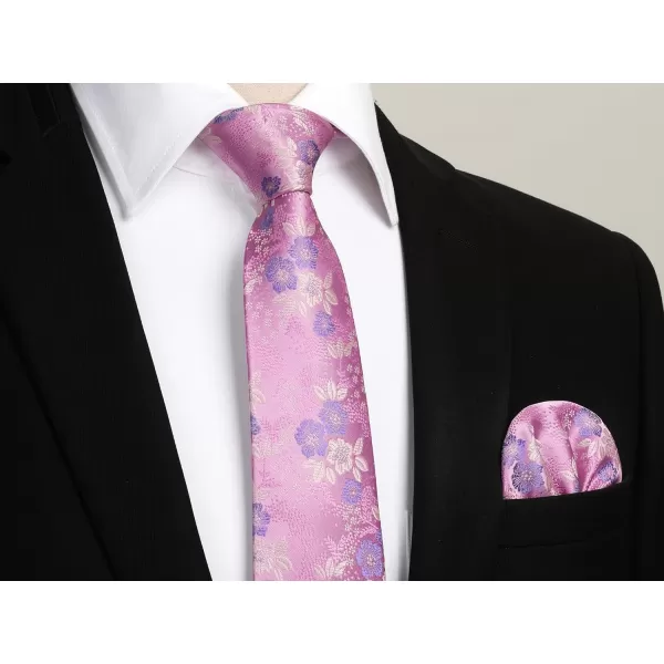HISDERN Extra Long Ties for Men Classic Floral Tie and Pocket Square Elegant Silk Necktie Handkerchief Set Wedding Party