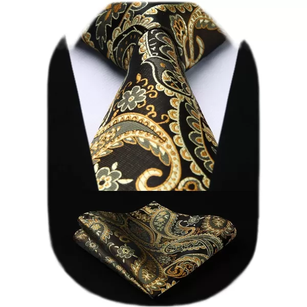 HISDERN Extra Long Ties for Men Classic Floral Tie and Pocket Square Elegant Silk Necktie Handkerchief Set Wedding Party