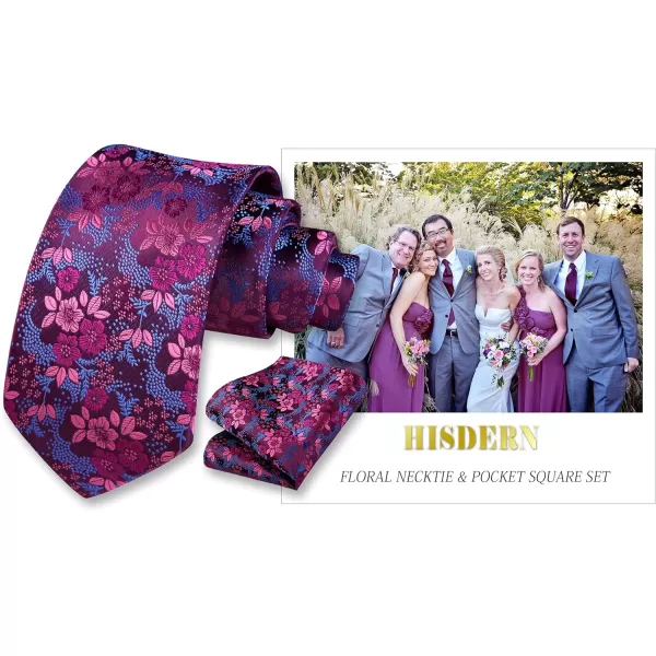 HISDERN Extra Long Ties for Men Classic Floral Tie and Pocket Square Elegant Silk Necktie Handkerchief Set Wedding Party