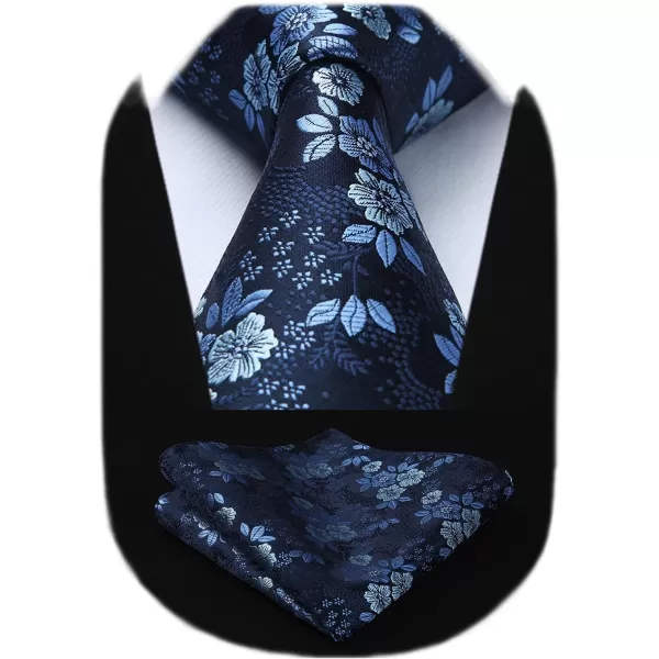 HISDERN Extra Long Ties for Men Classic Floral Tie and Pocket Square Elegant Silk Necktie Handkerchief Set Wedding Party