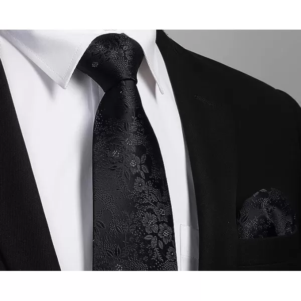 HISDERN Extra Long Ties for Men Classic Floral Tie and Pocket Square Elegant Silk Necktie Handkerchief Set Wedding Party