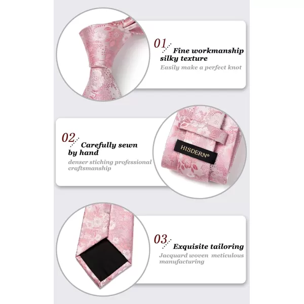 HISDERN Extra Long Ties for Men Classic Floral Tie and Pocket Square Elegant Silk Necktie Handkerchief Set Wedding Party