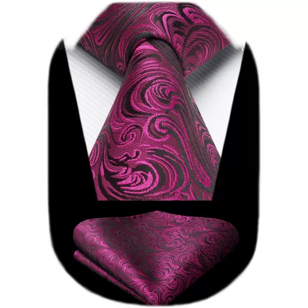 HISDERN Extra Long Ties for Men Classic Floral Tie and Pocket Square Elegant Silk Necktie Handkerchief Set Wedding Party