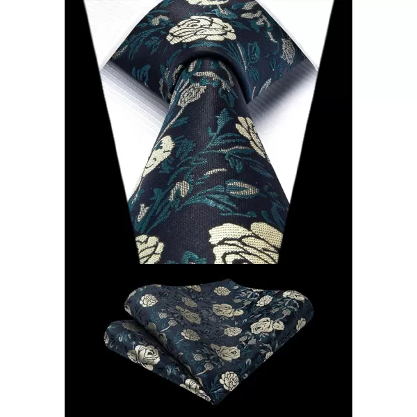 HISDERN Men Floral Ties Woven Classic 3.4" Necktie Set Formal tie Pocket Square for Wedding with Handkerchief Gift Box