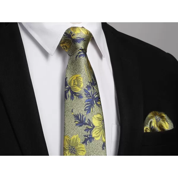 HISDERN Men Floral Ties Woven Classic 3.4" Necktie Set Formal tie Pocket Square for Wedding with Handkerchief Gift Box
