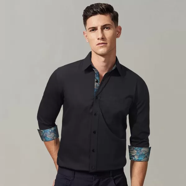 HISDERN Mens Business Dress Shirts Long Sleeve Casual Button Down Shirt Formal Inner Collar Contrast Shirt for Men Wedding