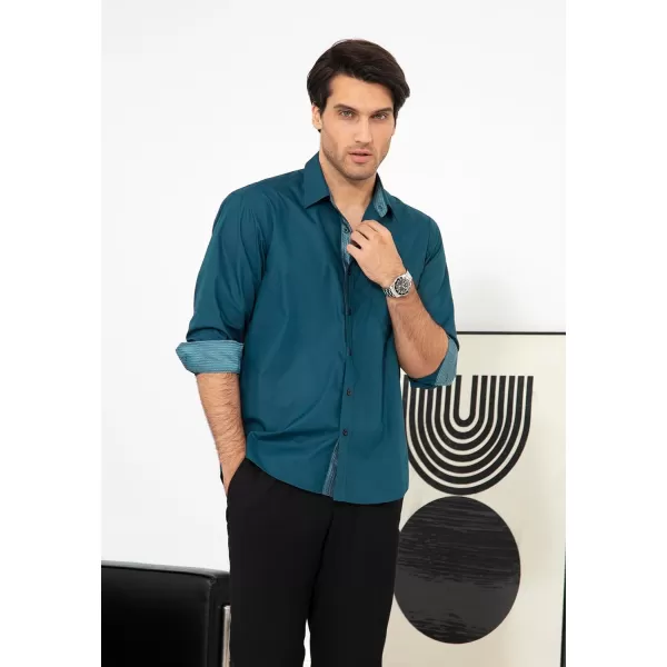 HISDERN Mens Business Dress Shirts Long Sleeve Casual Button Down Shirt Formal Inner Collar Contrast Shirt for Men Wedding
