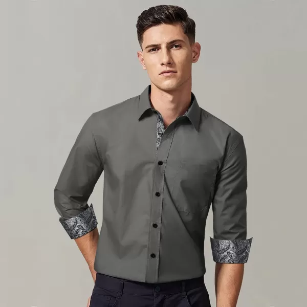 HISDERN Mens Business Dress Shirts Long Sleeve Casual Button Down Shirt Formal Inner Collar Contrast Shirt for Men Wedding