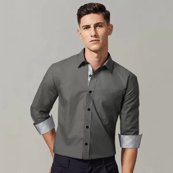 HISDERN Mens Business Dress Shirts Long Sleeve Casual Button Down Shirt Formal Inner Collar Contrast Shirt for Men Wedding
