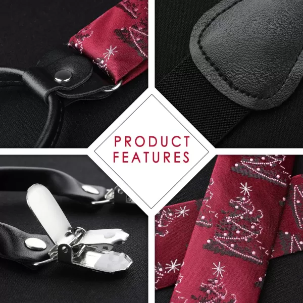 HISDERN Mens Christmas Bow Tie and Suspenders Holiday Festival Braces Y Shape Fun Santa Braces Handkerchief Pocket Square Set