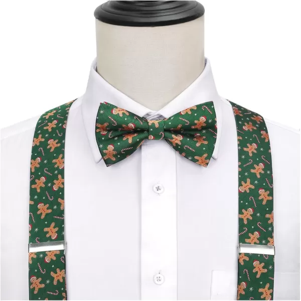 HISDERN Mens Christmas Bow Tie and Suspenders Holiday Festival Braces Y Shape Fun Santa Braces Handkerchief Pocket Square Set