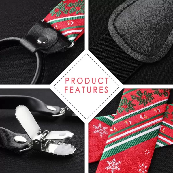 HISDERN Mens Christmas Bow Tie and Suspenders Holiday Festival Braces Y Shape Fun Santa Braces Handkerchief Pocket Square Set