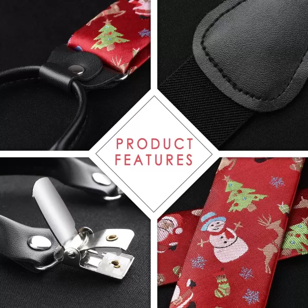 HISDERN Mens Christmas Bow Tie and Suspenders Holiday Festival Braces Y Shape Fun Santa Braces Handkerchief Pocket Square Set