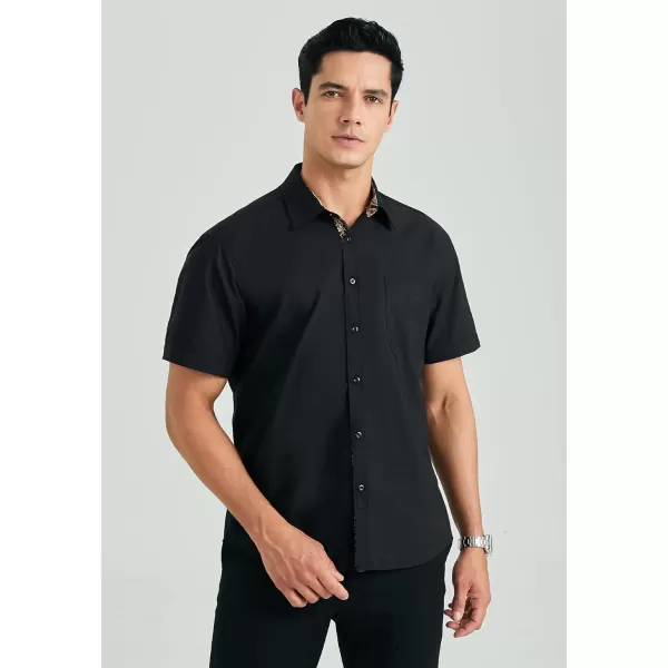 HISDERN Mens Dress Shirts Short Sleeve Regular Fit Casual Button Down Shirt Inner Contrast Business Formal Pocket Shirt