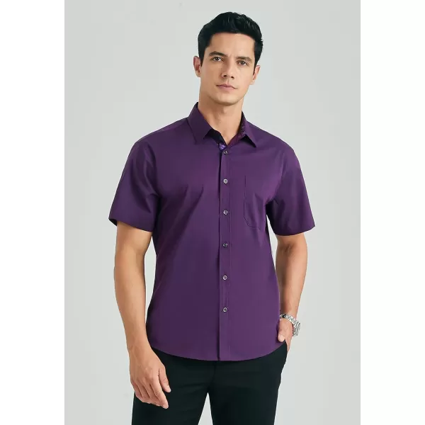 HISDERN Mens Dress Shirts Short Sleeve Regular Fit Casual Button Down Shirt Inner Contrast Business Formal Pocket Shirt