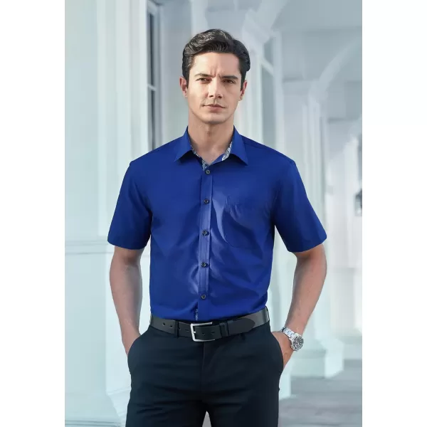 HISDERN Mens Dress Shirts Short Sleeve Regular Fit Casual Button Down Shirt Inner Contrast Business Formal Pocket Shirt