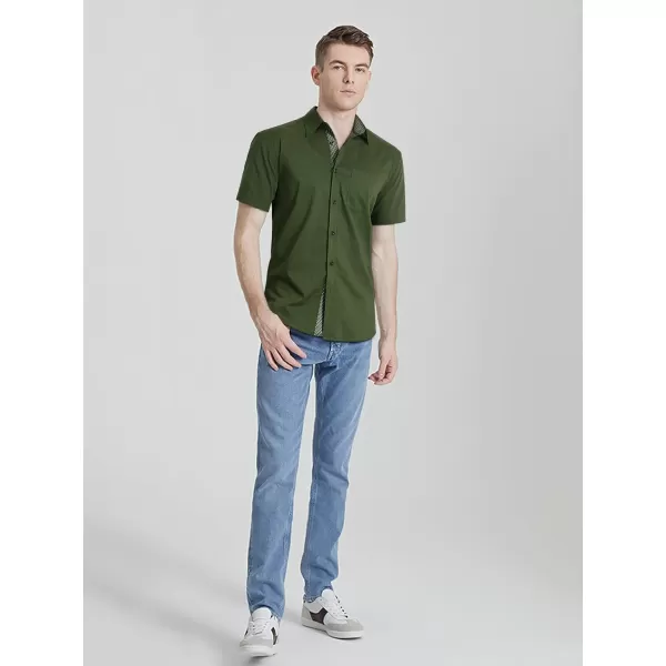 HISDERN Mens Dress Shirts Short Sleeve Regular Fit Casual Button Down Shirt Inner Contrast Business Formal Pocket Shirt