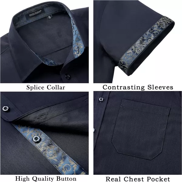 HISDERN Mens Dress Shirts Short Sleeve Regular Fit Casual Button Down Shirt Inner Contrast Business Formal Pocket Shirt
