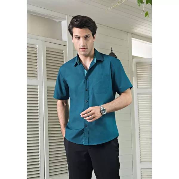HISDERN Mens Dress Shirts Short Sleeve Regular Fit Casual Button Down Shirt Inner Contrast Business Formal Pocket Shirt
