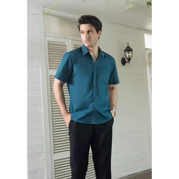 HISDERN Mens Dress Shirts Short Sleeve Regular Fit Casual Button Down Shirt Inner Contrast Business Formal Pocket Shirt